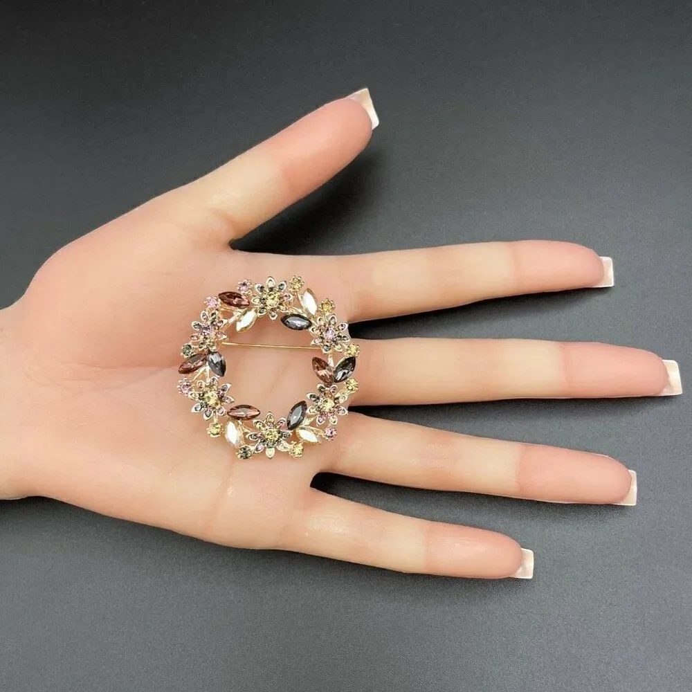 Rose Gold with Multicolored Crystal Floral Flower Leaf Wreath Pin Back Brooch